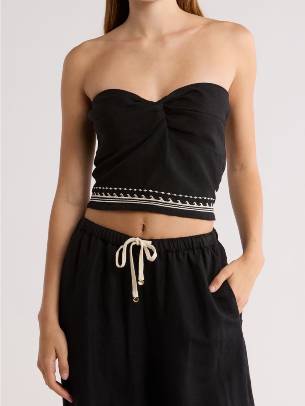 Rip Curl Soleil Twist Top Black Strapless Crop Top with White Shell Embroidery